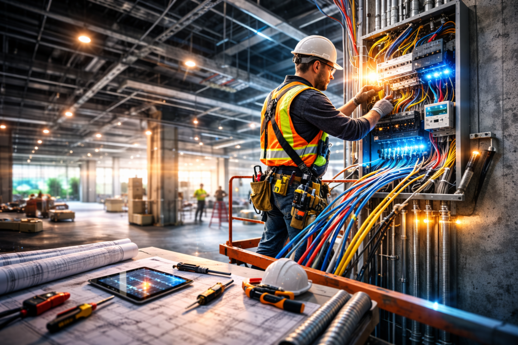 Electrician installing complex commercial electrical panel wiring